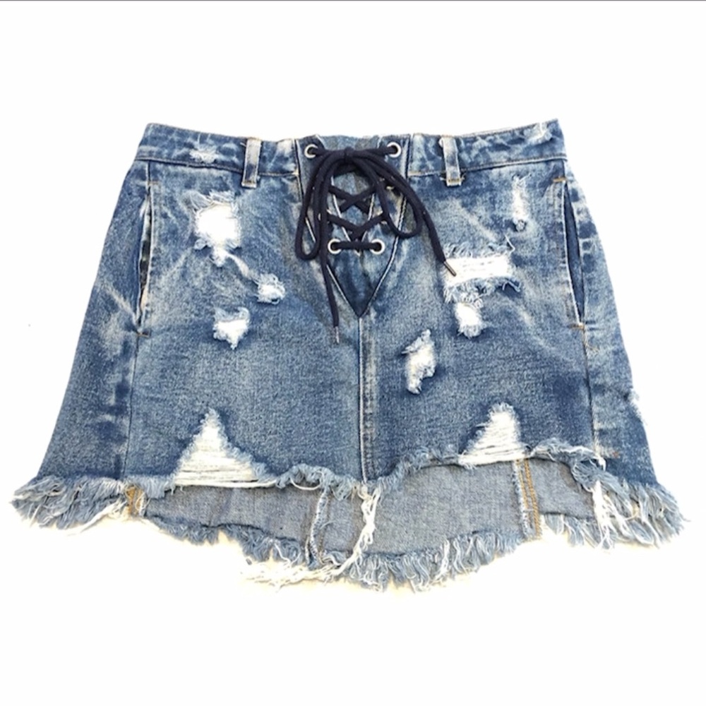 SIGNATURE 8 Distressed Raw Hem Blue Denim Mini Skirt Lace Up Detail Zip